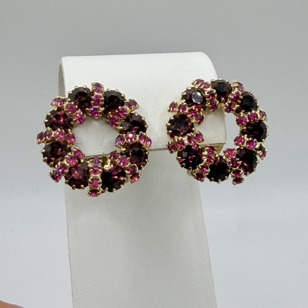 Vintage Weiss Earrings Pink Rhinestone Wreath Clip On Signed Purple Glamour 1"